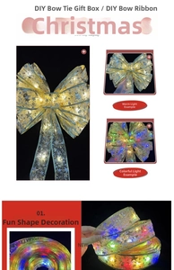 Detail of gold LED Christmas ribbon showing warm white and multicolor lighting effects