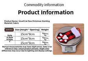 Size chart and weight details for small cat paw Christmas stockings with red plaid