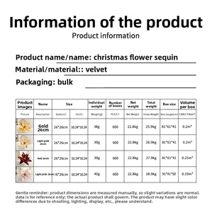 Detailed size and weight chart for 26cm artificial sequin Christmas flowers in four colors