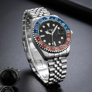 Classic silver stainless steel men's watch with red-blue bezel and black dial