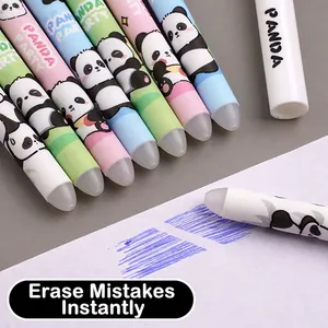 Cute panda erasable gel pens in macaron colors showing the smooth ink rubbing effect