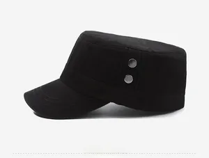 Detailed side view of a black flat top military cap with silver metal button accents