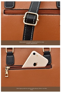 Close-up of adjustable strap with gold buckle and rear zipper pocket on pebbled leather bag