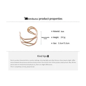 Detail view of hollow geometric rose gold iron bracelet with dimensions and weight specs