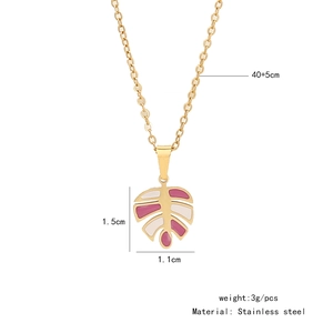 Detailed view of pink leaf pendant with dimensions 1.5x1.1cm on a stainless steel chain