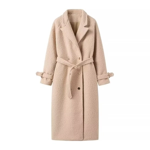 Women Long Sherpa Coat Notch Lapel Belted Double Breasted Textured Woolen Overcoat Mid Length Warm Winter Outerwear