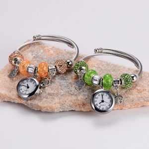 Adjustable stainless steel heart charm bracelet watch with colorful glass beads