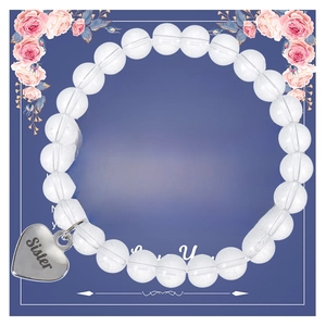 Bracciale con cuore d'argento e perline di cristallo bianco su biglietto To My Sister