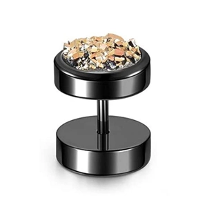 Macro detail of black dumbbell stud earring with colorful crystal inlay and steel finish