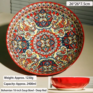 10-inch bohemian ceramic soup bowl with deep red mandala pattern 2400ml capacity