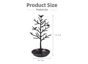 Detailed size view of black tree-shaped jewelry stand with bird ornaments and tray