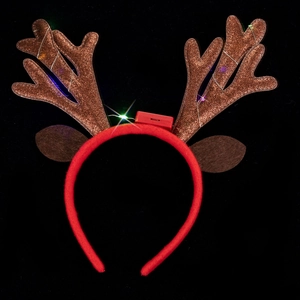 Detail of Christmas LED antler headband with colorful glowing lights and velvet reindeer horns