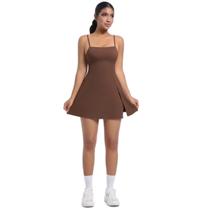 Brown athletic tennis dress featuring a side slit design and square neck straps detail