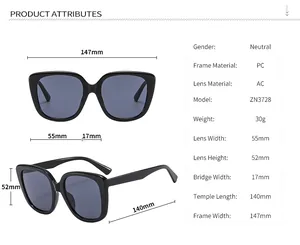 Detailed size specifications for square frame sunglasses with frame and lens measurements