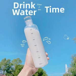Transparent minimalist water bottle featuring time markers and outdoor sky background