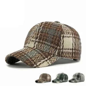 Plaid Baseball Cap Vintage Tweed Textured Adjustable Curved Brim Autumn Winter Warm Sun Protection Duck Tongue Hat