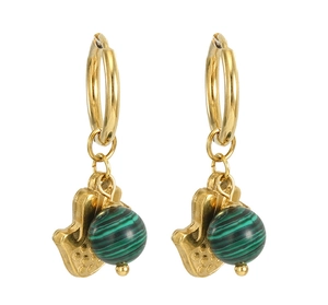 Détail de créoles plaquées or 18 carats avec pendentif main de Hamsa et perle verte