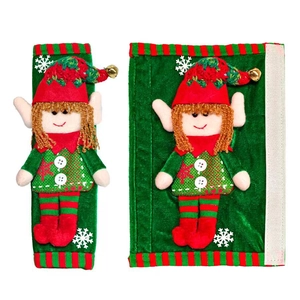 Christmas elf refrigerator handle covers in red and green velvet with plush dolls