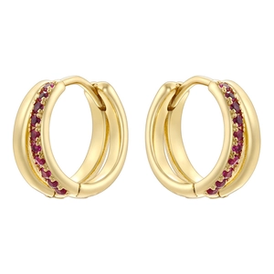 Luxurious gold-plated double-row hinged hoop earrings with ruby red zircon crystals