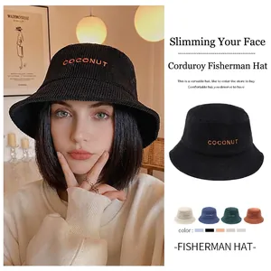Japanese Style Corduroy Bucket Hat Unisex Vintage Coconut Letter Embroidery Soft Packable Sun Protection Outdoor Fisherman Cap