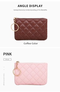 Detailed angle display of coffee and pink quilted PU leather coin purses with keychains