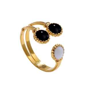 Adjustable gold stainless steel ring with black and white enamel round ornaments