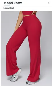 Detail of Lava Red high-waisted wide-leg yoga pants with flatlock stitching