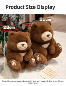 Detail of cute brown teddy bears in 28cm and 35cm sizes with soft fur and embroidered paws