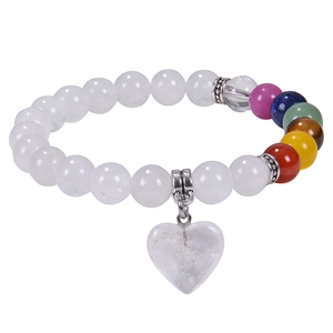 Close-up of 8mm rose quartz beaded bracelet with colorful stones and heart pendant