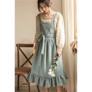 Vintage teal ruffles pinafore apron made of thick cotton for baking and florist work
