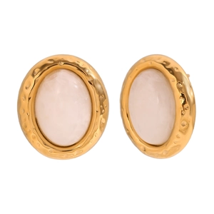 Retro 18K gold-plated stainless steel hammered earrings with pink oval natural stones
