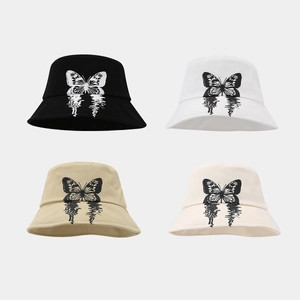 Butterfly Print Bucket Hat Cotton Canvas Sun Shade Streetwear Fashion Flat Top Foldable Basin Hat For Men Women