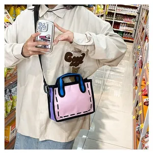 Pink 2D cartoon tote bag with purple accents and black outlines in a lifestyle setting