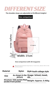 Tabella taglie zaino in nylon con dimensioni 46x31x18cm e confronto con rivista A4