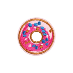 Colorful donut embroidered patch with pink frosting and sprinkles for DIY apparel decor