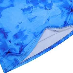 Detail of blue watercolor print fabric and high-quality hem stitching on a two-piece set