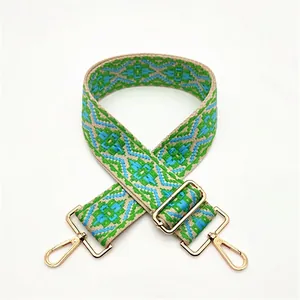 Close-up of ethnic geometric woven strap in green and blue with gold metal lobster clasps
