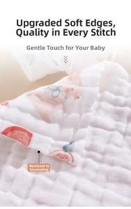Close-up of soft cotton gauze baby towel with rabbit print and reinforced wavy edges