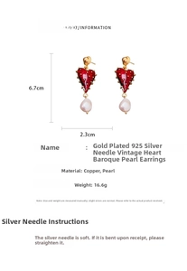 Detailed dimensions of gold plated heart baroque pearl earrings with silver needles