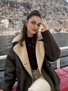 Veste marron pour femme en similicuir avec doublure polaire et col rabattu chaud