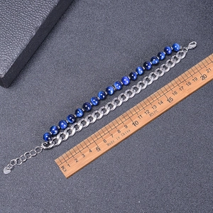 Bracelet double couche pour homme avec perles oeil de tigre bleu et chaîne cubaine