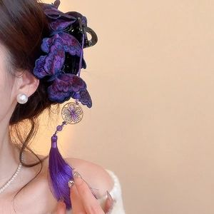 Pinza Per Capelli Farfalla Ricamata Viola Con Nappa Lunga Pendente Fiore Cavo In Lega Accessori Eleganti Vintage