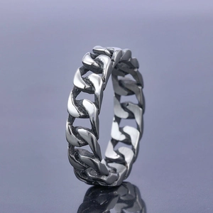 Polished stainless steel Cuban link chain ring for men and women on gray background