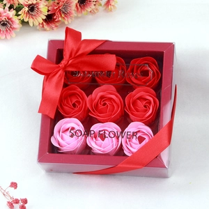 Elegant gift box with 9 red and pink soap roses and a decorative ribbon bow