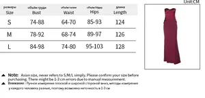 Detailed size chart for off-shoulder evening dress with bust and waist measurements