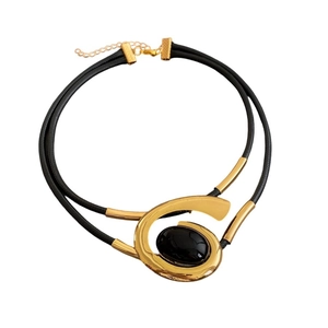 Vintage style double-layer black cord necklace with oval black gem and gold accents
