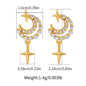 Detailed dimensions and weight of 18K gold plated moon and star earrings with zircons