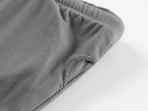 Detailed close-up of dark grey high-elastic waistband and reinforced stitching texture