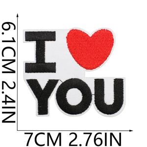 Macro detail of I Heart You embroidered patch with dimensions 6.1cm by 7cm