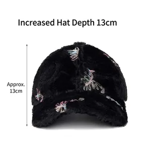 Plush black baseball cap with colorful floral embroidery and 13cm deep thermal design